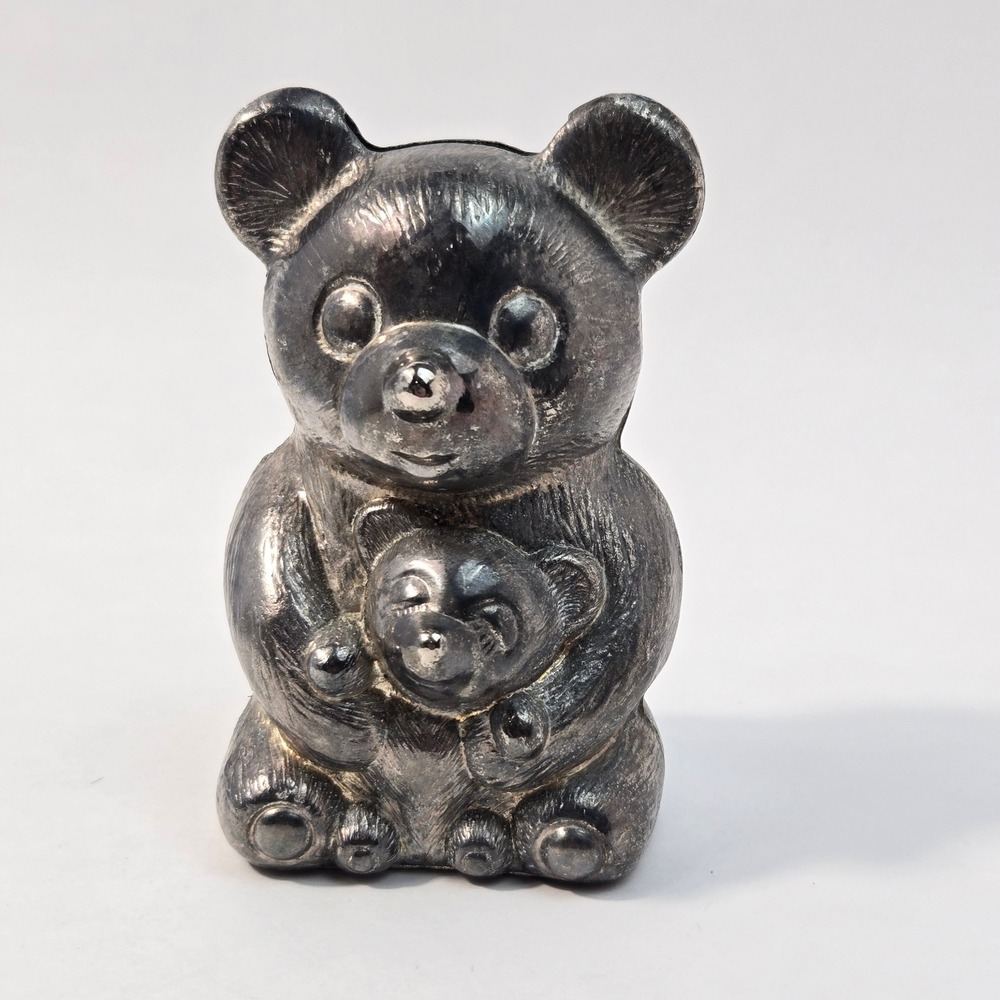 Leonard Silverplated Bear Coin Bank Mother and Cub Vintage Italy EP Zinc 4.5"